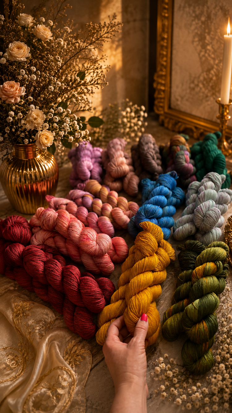 Handgefärbte Schurwolle (Merino) mit Seide.